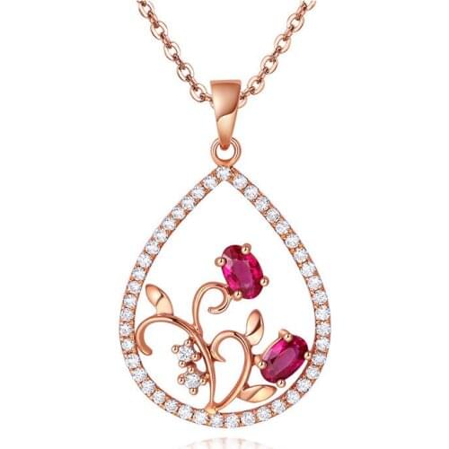 Ociki Rose Gold Color Waterdrop Flower Rose Red Crystal Pendant Necklace Chokers Jewelry Wholesale for Women Girls Drop Shipping