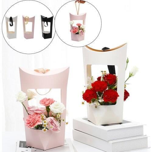 Portable Flower Box Waterproof Kraft Paper Handbag Rose Florist Bouquet Packing Handy Bag Gift Box Packaging Wedding Party Decor