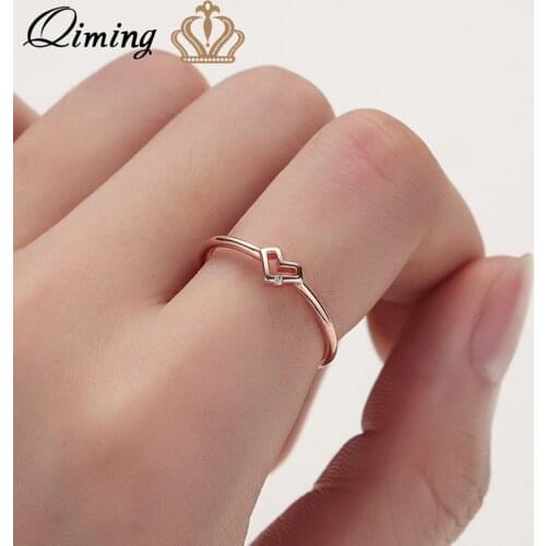 QIMING Crystal Simple Heart Rings for Women Female Chic Girlfriend Wedding Rings Rose Gold Bohemia Jewelry Bague Femme