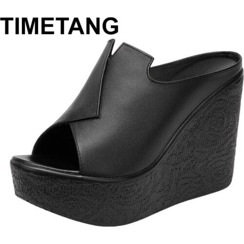 TIMETANGHigh heeled wedge slippers Beach Shoes Leather Women Slippers Summer Fashion Casual Platform Wedges Slippers Mother Shoe
