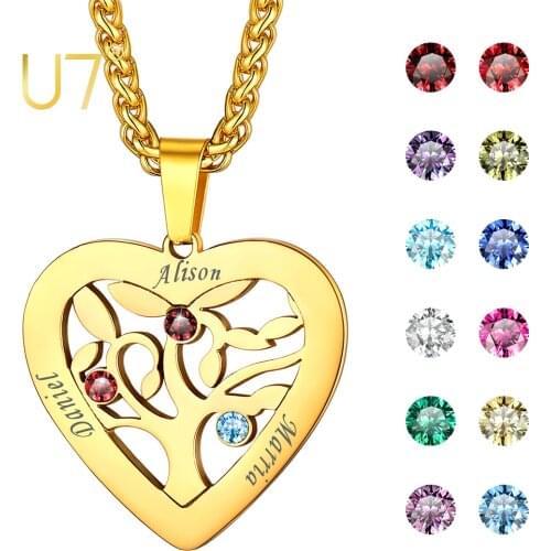 U7 Heart Pendant Necklace Personalized Engraved Stainless Steel Jewelry Friend Family Names Birthstone Gift for Women Girls