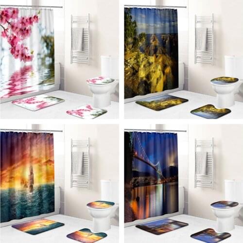 3D Natural Mountain Lake Landscape Waterproof Fabric Bathroom Curtain Shower Curtain Cover Non Slip Carpet Toilet Cover Bath Mat