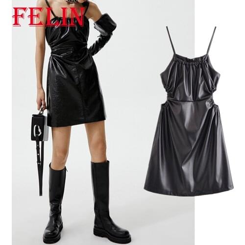 Za 2021 Sexy Chic Black Mini Party Women Dress Side Hollow Out PU Leather Sheath Dress Sleeveless Summer Streetwear Vestidos