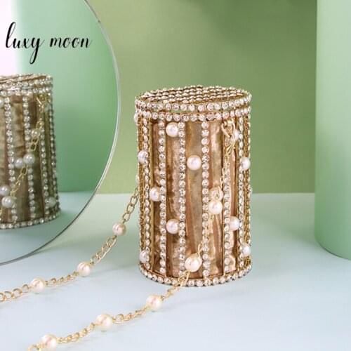 Pearl Rhinestone Evening Clutch Bags Luxury Designer Women Hollow Metal Cage Party Purse Small Chain Bucket Shoulder Bag ZD1790