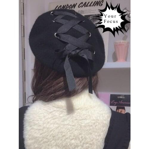 Lolita kawaii punk rok harajuku vintage magazine style ring ribbon lacing bow wool hat women black berets