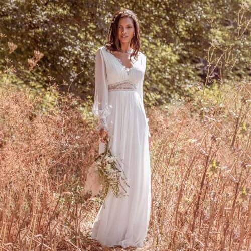 Sexy Wedding Dress Boho 2021 V Neck Long Sleeves A-Line Chiffon Floor Length Bohemian Bridal Gowns Robe De Marie