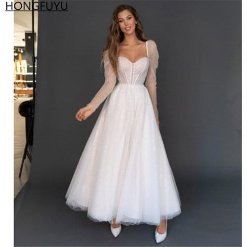HONGFUYU A Line Shimmer Dotted Wedding Dress Long Sleeves Tulle Bridal Gowns vestidos de novia Ankle Length свадебное платье