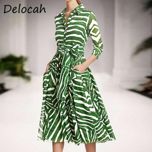 Delocah Women Summer Fashion Runway Party Midi Dress Half Sleeve Bow Sashes Long Sleeve Striped Printed Ladies A-Line Dresses