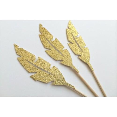 Gold Glitter Feather Cupcake Toppers Birthday wedding bridal shower cake topper food picks Engagement Party Bachelorette Decor