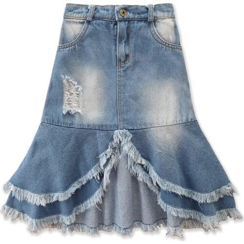 2021 2-7Y Fashion Toddler Girls Denim Skirt Summer Autumn Solid High Waist Baggy Irregular Slit Tassels Skirt with holes