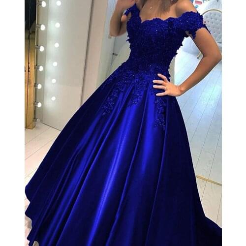 2021Royal Blue Lace 3D Flowers Evening Formal Gowns Beaded Corset Back Satin Ball Gown Off the shoulder Prom Dress платье