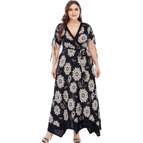 4XL 5XL Plus Size Women Clothing 2021 Summer Women V Neck Short Sleeve Geometric Print Causal Dress Maxi Long Dresses