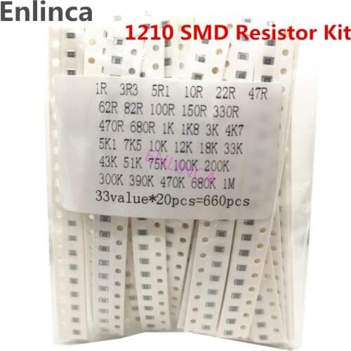 660Pcs 33values 1210 SMD Resistor Kit Assorted Kit 1ohm-1M ohm 1% 33valuesX 20pcs Sample Kit