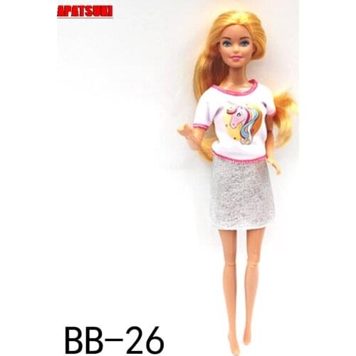 White Fashion Doll Clothes For Barbie Doll Outfits 1/6 Dolls Accessories Cartoon Horse Shirt & Silver Skirt Toys For Children