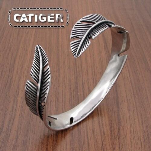 Free Shipping Vintage 316L Stainless Steel Feather Shape Open Cuff Bangle Bracelet for Men or Women Retro Style Rock Jewelry