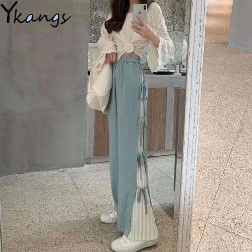 Casual Pleated Spliced Wide Leg Trousers Female Joggers Women High Waist Streetwear Drawstring Baggy Patchwork Straight Pants