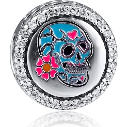 CKK 925 Sterling Silver Day of The Dead Skull Charms Crystal Beads Fits Original Bracelet DIY Jewelry Making Accessories
