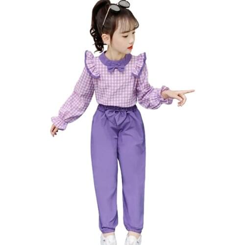 Kids Clothes Girls Plaid Blouse + Pants Clothing For Girls Bow Outfits For Girls Patchwork Childrens Clothing