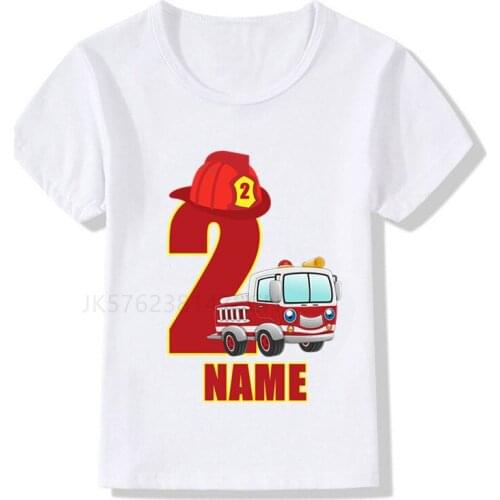 Boys/Girls Cool Firefighter Car Birthday Numbers T-Shirt Children Boys Happy Birthday T Shirt White T-Shirt Baby Girls Top