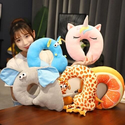 Creative Animals U Shape Pillow Plush Toy Giraffe Elephant Unicorn Dinosaur Kids Travel Headrest Pillow Neck Cushion Girls Gifts