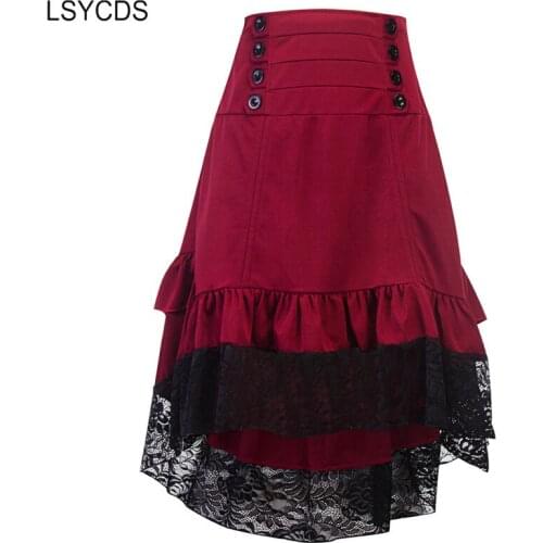 LSYCDS New Womens Vintage Skirt 2020 Autumn Wine Red Patchwork High Low Solid Skirt Sexy Wedding Party Lace Skirt with Zipper