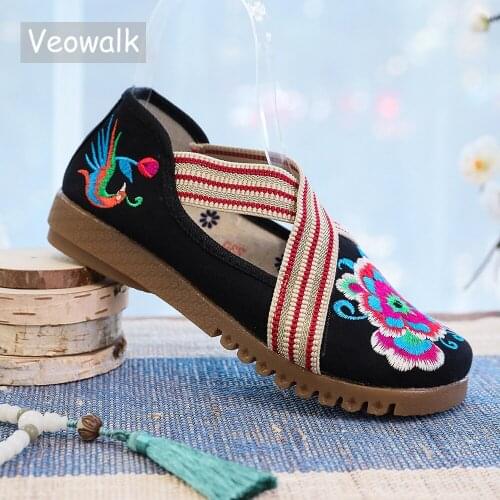 Veowalk Handmade Fashion Spring Womens Shoes Chinese Casual Flats Flower Embroidered Denim Sneakers Zapatos Mujer