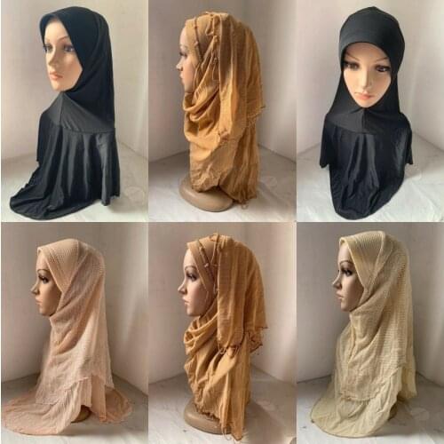 Muslim Woman One Piece Solid Color Headscarf Shawls Arab Women Instant Hijab Wraped Headwear Islamic Bottoming Turban Caps