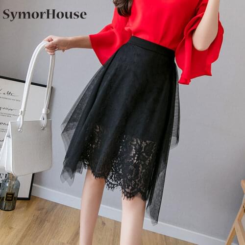 New Fashion Women Skirt Slim Sexy Lace Mesh patchwork A-line Skirt Elegant Stretch Waist Korean Style Office Ladies Skirts