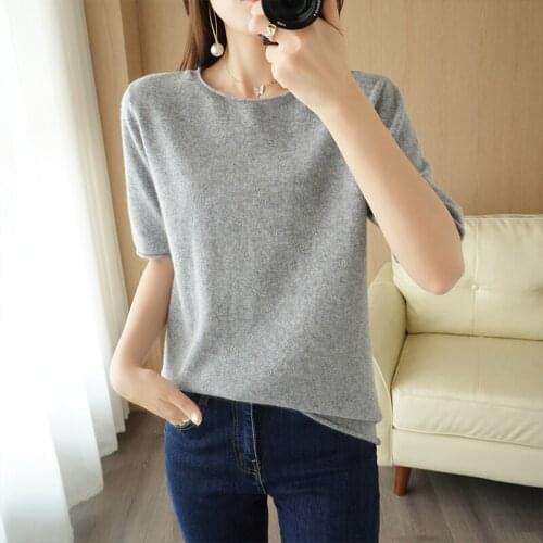 New Cashmere Sweater Womens T-shirt 100% Pure Wool Knitted Short-Sleeve Ladies Round Neck Pullover loose Sweater T-shirt Female
