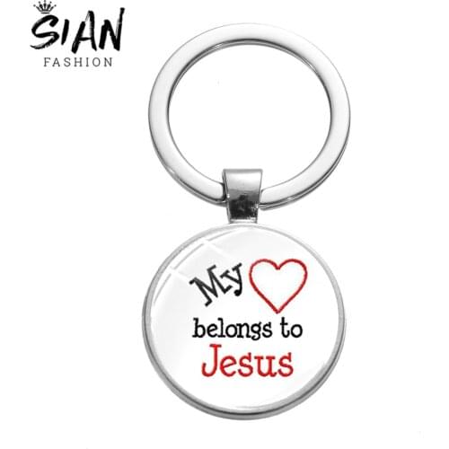 SIAN New Christian Jesus Keychain My Heart Belongs to Jesus Art Letter Design Glass Pendant Key Ring Religious Belief Key Chain