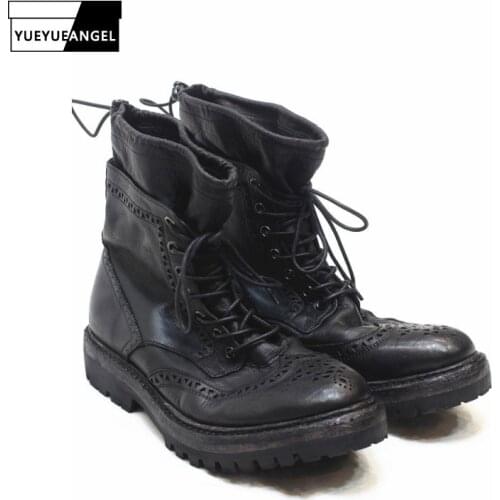 Handmade Shoes Men Cow Leather Vintage Brogue Boots Casual High Top Real Leather Boots Round Toe Winter Bota Masculina