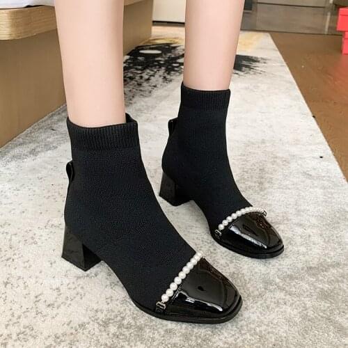 Luxury String Bead Stretch Fabric Women Boots Modern Casual Shoes For Women Square Medium Heel Pointed Toe Solid Ankle Footwears