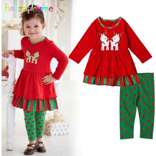 2PCS/2-6Years/Christmas Outfit Baby Girls Tracksuits Kids Clothes Cartoon Cute T-shirt Dress+Pants Children Clothing Sets BC1092