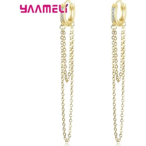 Hip Hop Rock Long Tassel Hoop Earring S925 Sterling Silver Transparent CZ Stones Rolo Chain Ear Decoration Accessories
