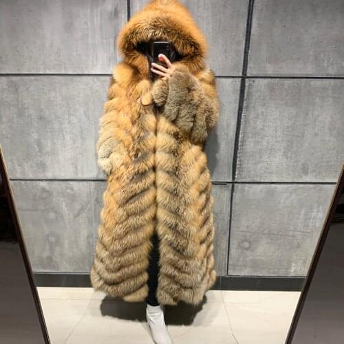 Real fox fur coat ladies natural fox fur coat long sleeve hooded women real fox fur coat X-long