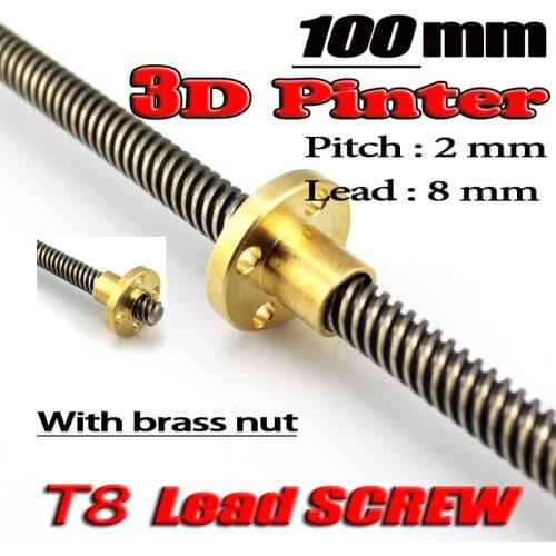 3D Printer T8 screw THSL-100-8D Trapezoidal Lead Screw Length 100mm with Copper Nut Dia 8MM Pitch 2mm Lead 8mm