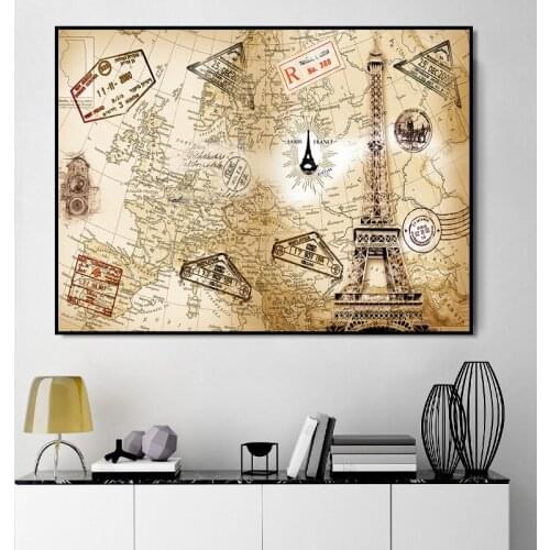 Compass Map Vintage City Landmark World Map Painting Poster Canvas Art Culture Travel Wall Pictures for Living Room Home Decor