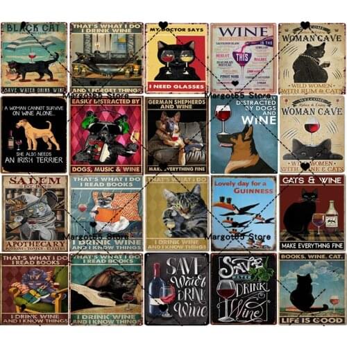 Cat Dog&Wine Make Everything Fine Poster Vintage Metal Tin Sign Bar Club Cafe Home Garage Bar Culb Farmhouse Wall Art Decor
