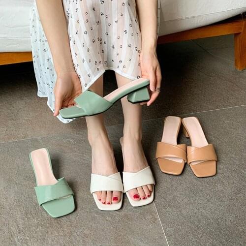 YQBTDL Fashion Block Ladies Heels Green Brown Beige Chunky Block Heel Slides Women Large Size Outdoor Summer Slippers Flip Flops