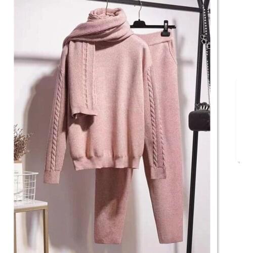 High Quality Femme Knitted Pullover Trousers Suit Winter Warm Tracksuit Women Long Sleeve Sweater Jumper+Pants+Scarf 3 Piece Set