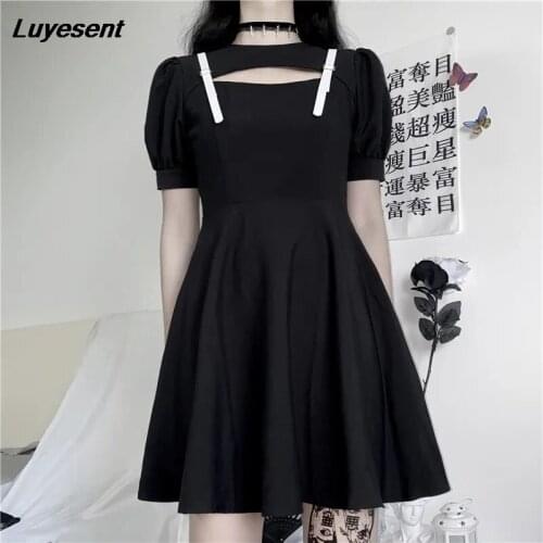 Black Gothic Women Hollow Out Dress 2021 Lady Buckle Strap Pleated Dresses Short Sleeve Slim Goth Rock Hipster Party Streetwear