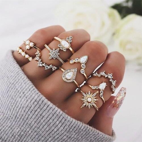 KISSWIFE Bohemian 10Pcs/Set Women Crystal Geometry Star Crown Gem Finger Ring Set Engagement Wedding Fashion Jewelry Gifts