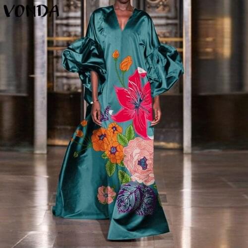 VONDA Women Dress Autumn 3/4 Sleeve Floral Printed Maxi Dresses Loose Lantern Sleeve Bohemian Vestidos Oversized Loose Sundress