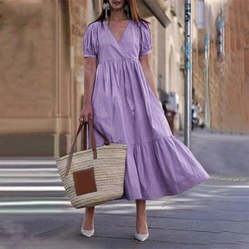 Women Vintage Basic Party Dresses Casual Solid Lady Elegant Long Dress Fashion V-Neck Short Sleeve Loose A-Line Dresses Vestidos