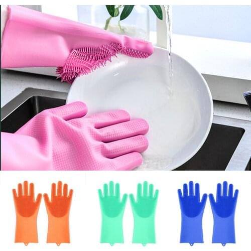 1 Pair Silicone Cleaning Gloves Magic Silicone Rubber Dish Washing Gloves for Kitchen Household Cleaning Tool 4 Colors