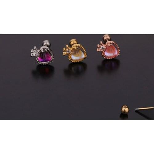 1 PCS Cute Small Crystal Heart Crown Shape Ear Cartilage Piercing Stud Earring Gold Color Stainless Steel Bar Ball Helix Earring
