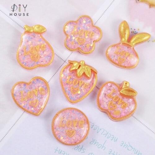 10-50Pcs Golden Edge Glitter Fruit/Heart Flat Back Planar Resin DIY Craft Supplies Kids Headwear Hair Accessories Phone Patch