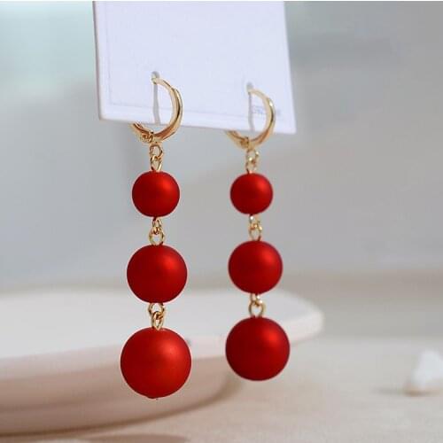 2021 Fashion Korean Earrings Red Pearl Ball Ball New Year Festive Earrings Temperament Net Red Long Tassel Earrings Women