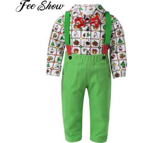 4Pcs Boys Christmas Costume Outfits Gentleman Bowtie Long Sleeve Snowman Printed Shirt + Suspenders Pants Kids Cosplay Boy Suits