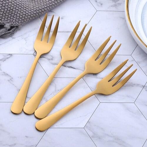 4PCS /lot Stainless Steel Small Fruit Fork Set Gold Food Salad Three-Tine Cake Dessert Fork Dinnerware Set for Party Restaurant
